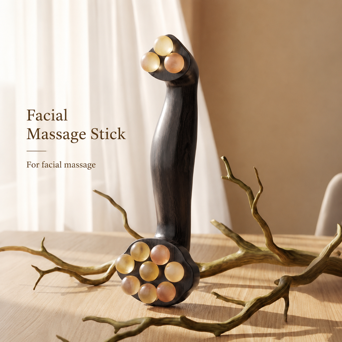 Puyun Dual-Head Facial Massage Roller — Wood & Crystal Bead